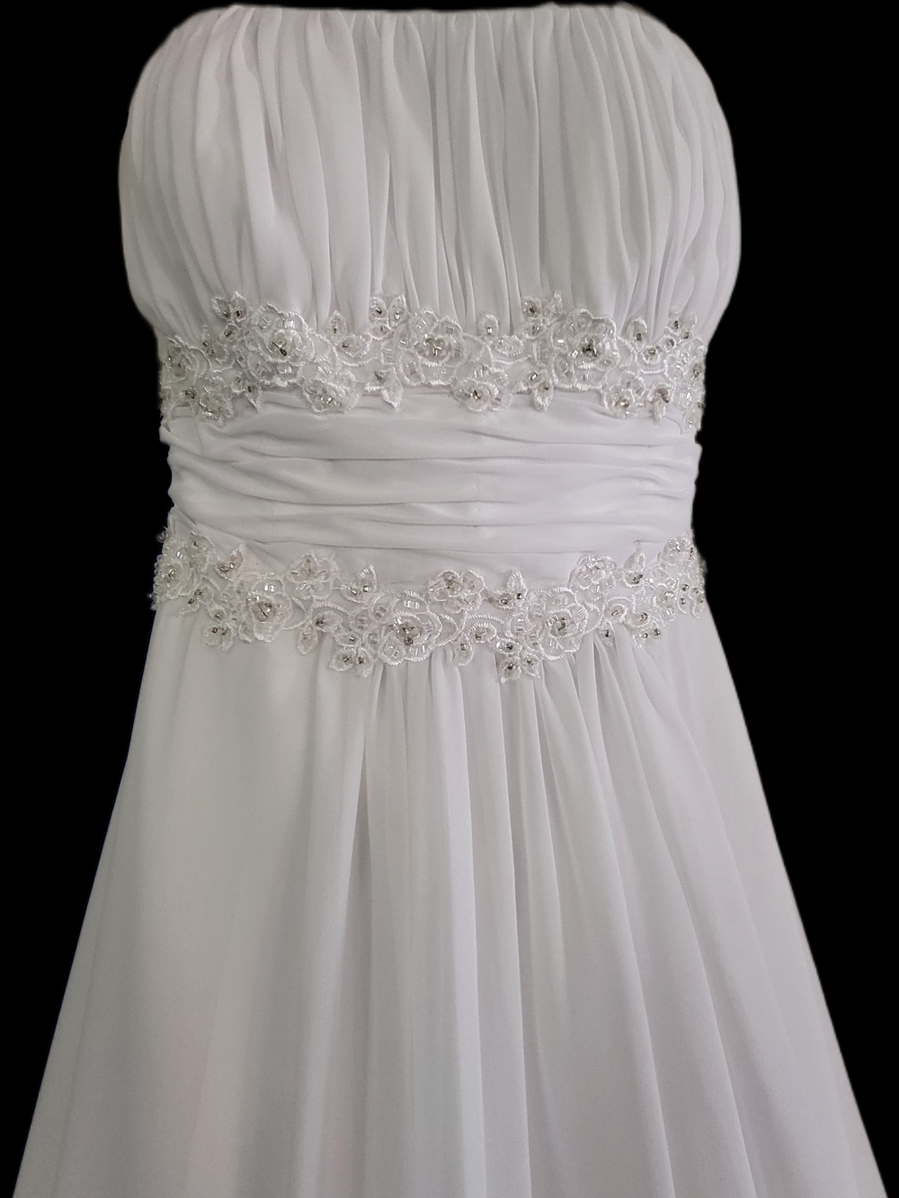 David's Bridal White Strapless Empire Waist Gown with Beaded Floral Trim